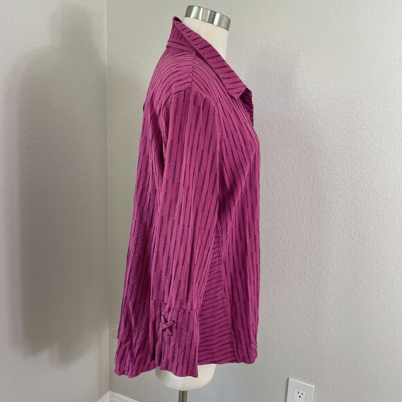 Ali Miles Womens Large Button Up Shirt Pink Black Striped Long Sleeve Top - Picture 3 of 14